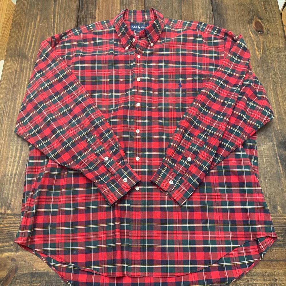 Ralph Lauren Big Shirt Mens XL Red Plaid Long Sleeve Button Down Cotton